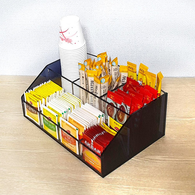 비에스테크 탕비실 커피 정리함 31x21x12cm 티박스 종이컵 보관함 7칸 5T 스낵 간식 트레이 투명 아크릴 5mm, 1개