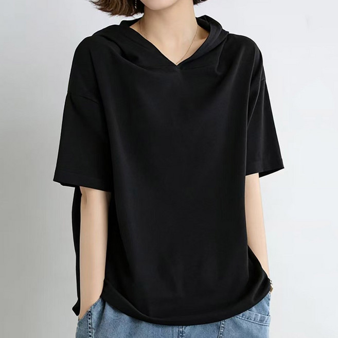 드마엘 웰터 여성 무지 후드 반팔 티셔츠 (5color)+델로나