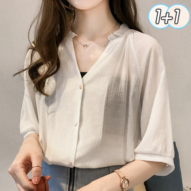 NUNUHANA 1+1 여성 루즈핏 시스루 V넥 7부소매 블라우스