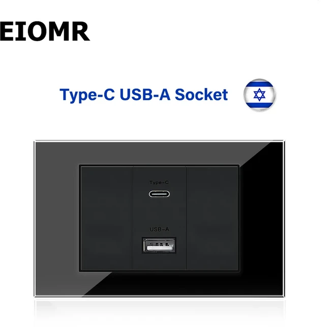 EIOMR 이스라엘 USB 타입 C 고속 충전 벽 소켓 11875mm 블랙 강화 유리 위성 TV 도어벨 기계식 조명 스위치, 20 USB A USB C