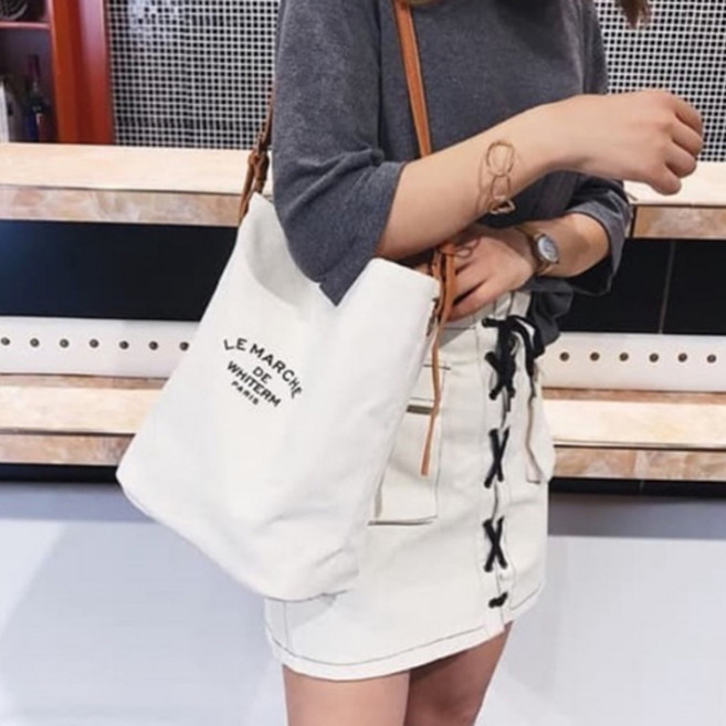 LE MARCHE 가죽 스트랩 데일리 캔버스 크로스 에코백 파우치 포함