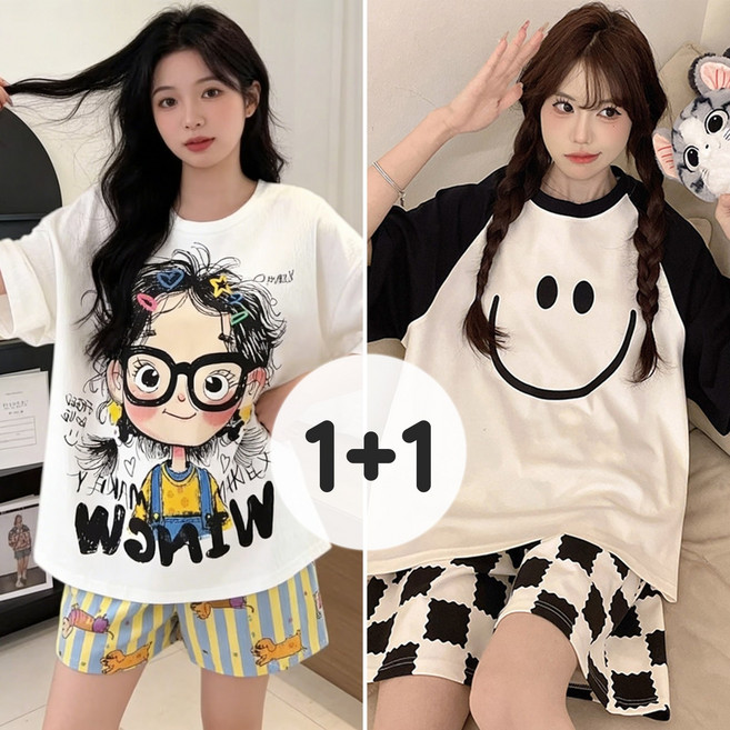 WAIJER 1+1 여성 여름 잠옷세트 큐트 캐릭터 반팔 반바지 홈웨어 상하세트