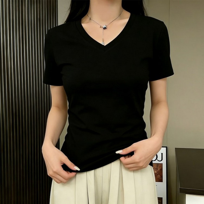 데일리룩 필수템 슬림핏 블랙 V넥 반팔 티셔츠 여성 캐주얼 아이템