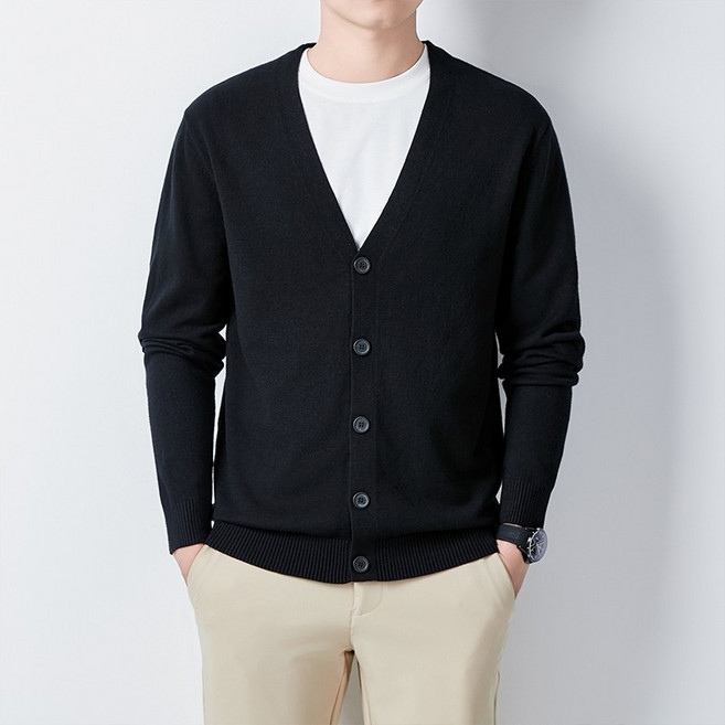 남성용 부드럽고 편안한 순색 브이넥 니트 가디건 캐주얼 데일리 봄가을룩 8007