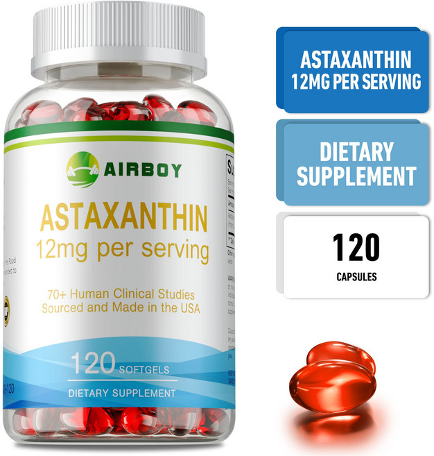 아스타잔틴 12mg 최대 강도는 피부 건강 건강한 노화 면역 건강 눈 건강 장 건강을 지원합니다., 1개, 60정