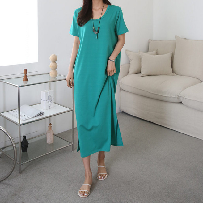 [아이엠수] 레이디 모달 유브이넥 원피스 여성 반팔롱원피스 발목길이 모달 홈웨어 트임원피스