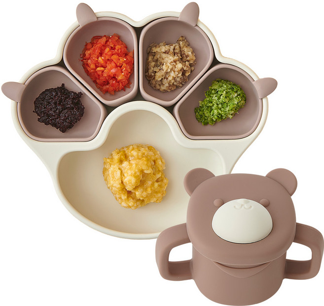 퍼기 냥냥 흡착 식판 + 곰돌이 자기주도 스파우트 멀티컵, 브라운, 브라운, 브라운,브라운, 식판+멀티컵