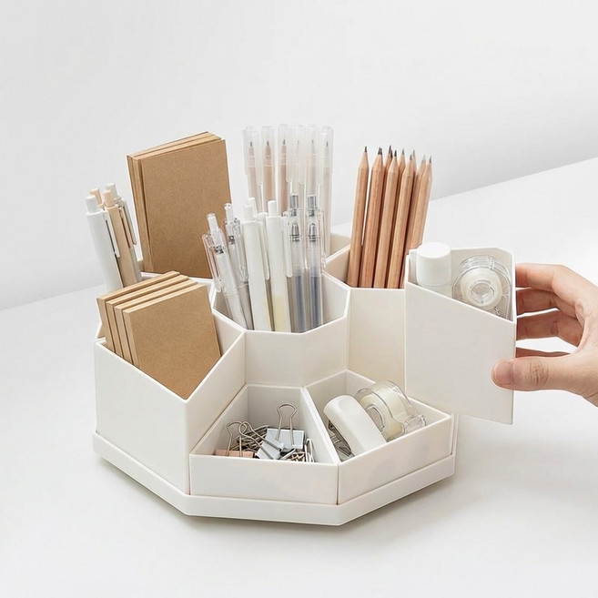 모덴즈 360도 회전 연필꽂이 데스크 오거나이저 깔끔한 책상 정리 수납함, 1개, 심플화이트