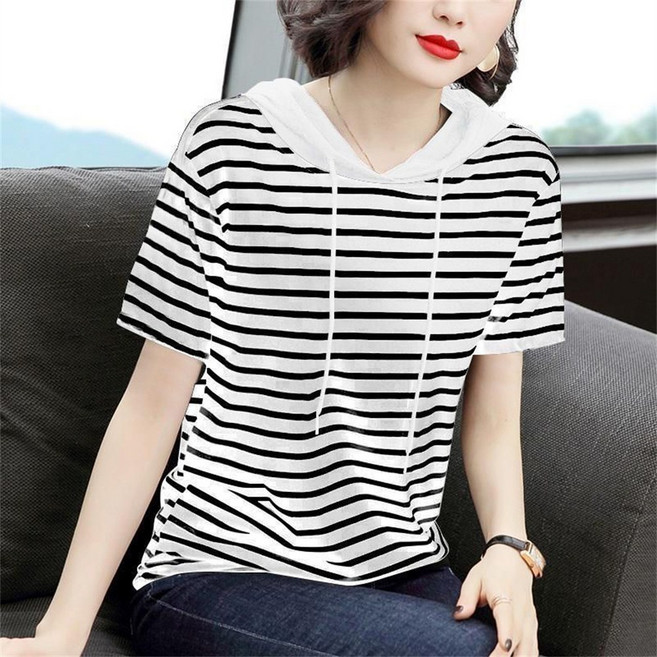 Vezri 여성용 스트라이프 패턴 후드 티셔츠 봄 여름 캐주얼 여름 반팔 티