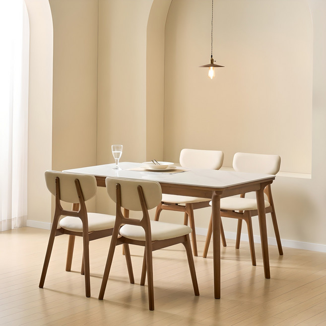 루시드퍼니처 라미 포세린 원목 식탁세트 4인용 방문설치, 유광 비앙코 화이트 + 베이지 + 월넛, 일반의자 4