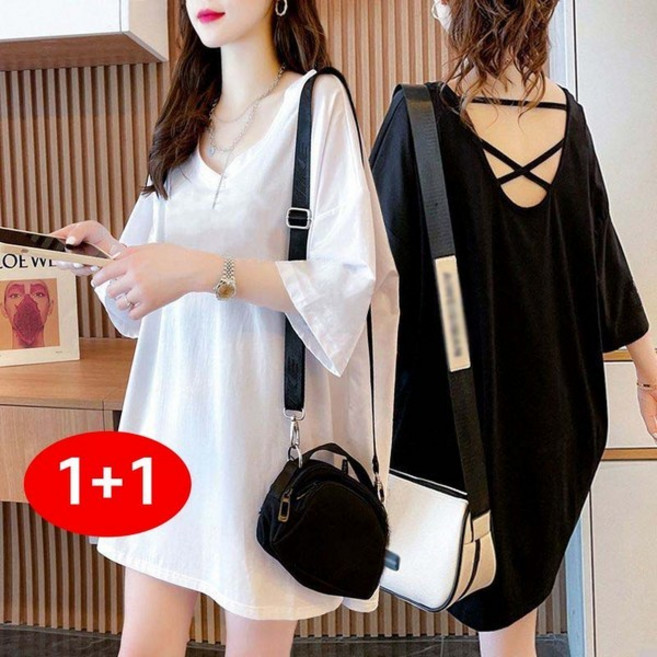 1+1 2장입 세트 여름 여성 루즈핏 뒤트임 패션 반팔 티셔츠 브이넥 캐주얼 데일리룩 의류 150KG까지 입는 날씬 빅사이즈