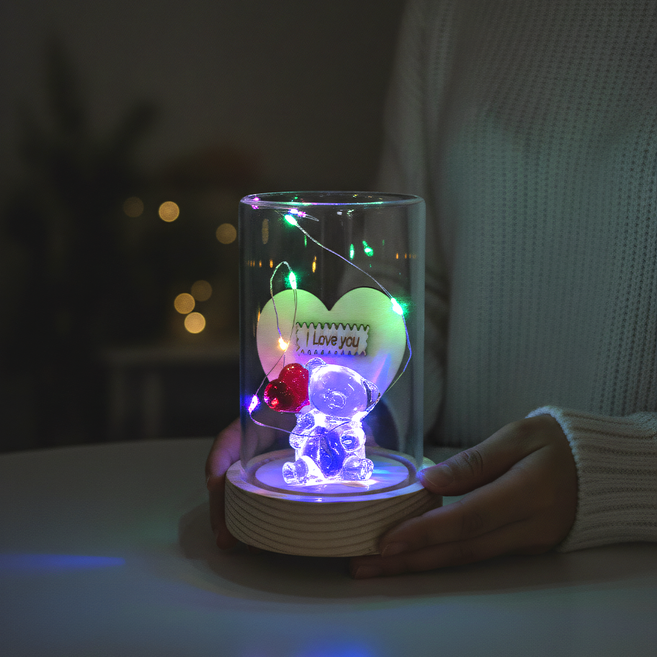 유리 하트 곰돌이 무드등 LED 유리돔 기념일 선물, 컬러라이트