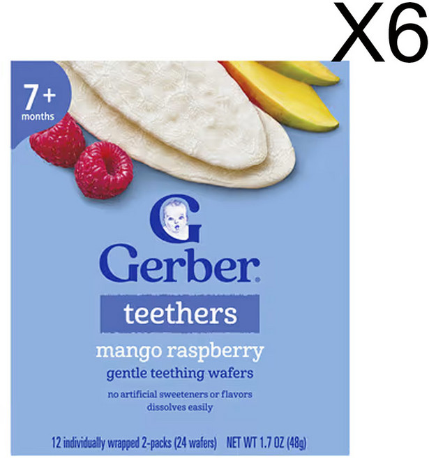거버 아기용 스낵 티더 부드러운 치아 발육 웨이퍼 7개월 이상 개별 포장 2팩 12개 각 4g(0.14oz), 망고 라즈베리, 48g, 6개
