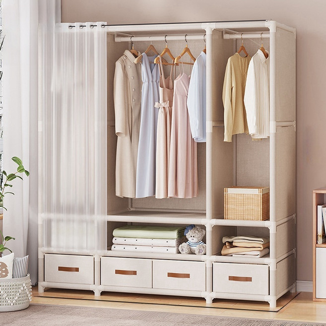 몬테리아 조립식 커튼 스텐드 행거 무볼트 가벼운 수납 옷장 선반형 비키니옷장 G518-049, 흰색