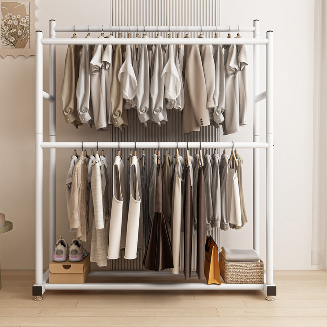 튼튼한 철제 2봉 2단 행거 대용량 스탠드 옷걸이 행거, 화이트