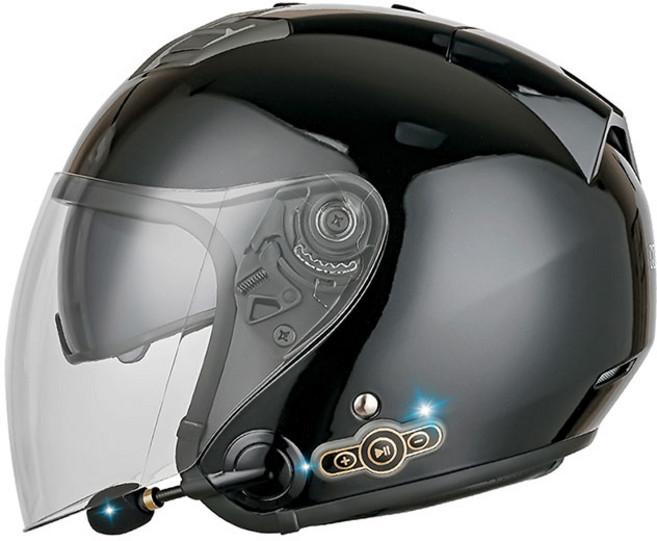 에스티 오토바이헬멧 오픈페이스 바이크 블루투스 반모 경량, M, 유광블랙(듀얼렌즈), 1개