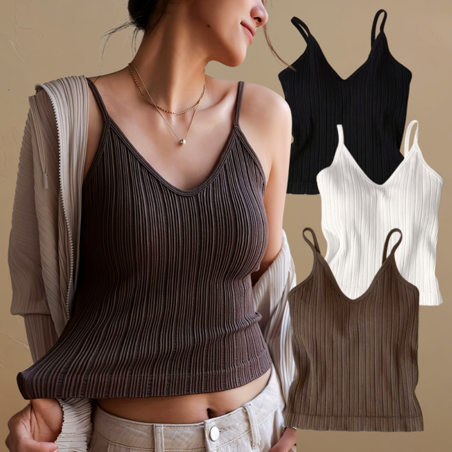 세련된 매력 여성 V넥 줄무늬 캡내장 탱크탑 3P 세트