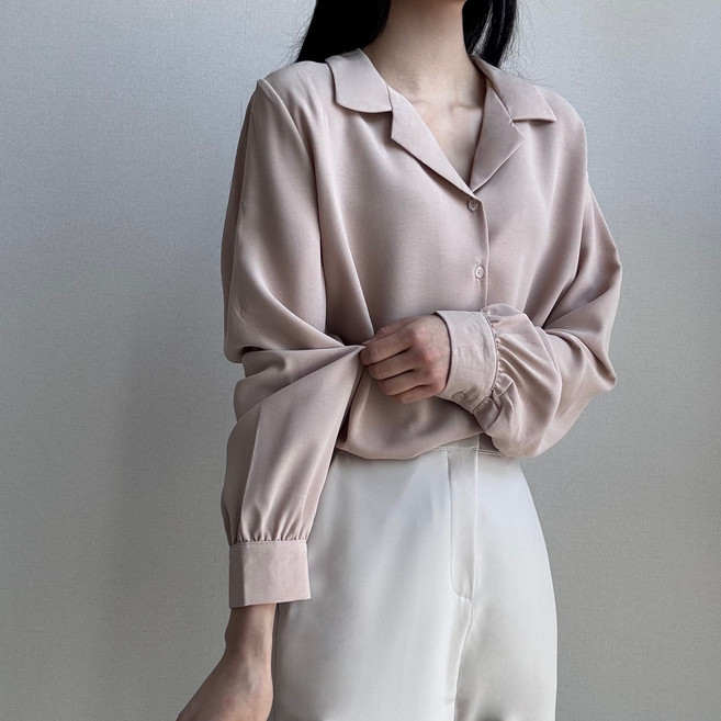 드몽 여성 링클프리 데일리 기본 긴팔 셔츠 브이넥 오픈카라 블라우스 오피스룩