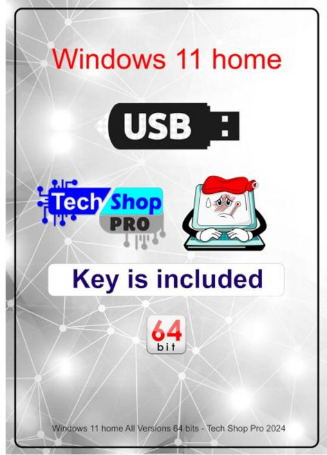 Windows 11 홈 버전 32/64 비트용 테크샵 프로 설치 키 포함 USB. 부팅 USB를 복구 복원 수리하고 공장 기본값으로 빠르고 쉽게 무료 기술 지원을 설치하세요