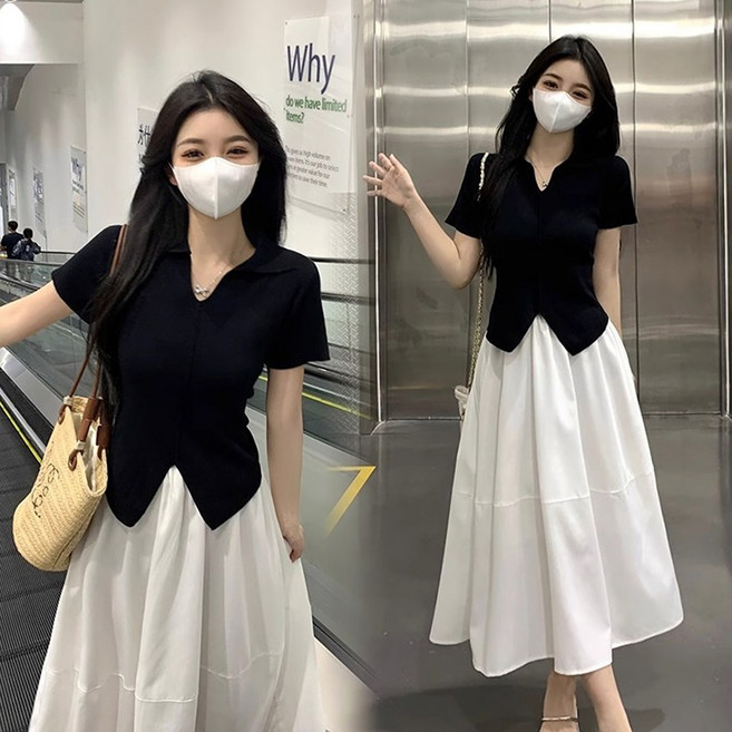 Asure 여성 여름 베이직 투피스 슬림핏 반팔 티셔츠+미디엄기장 스커트 데이트룩