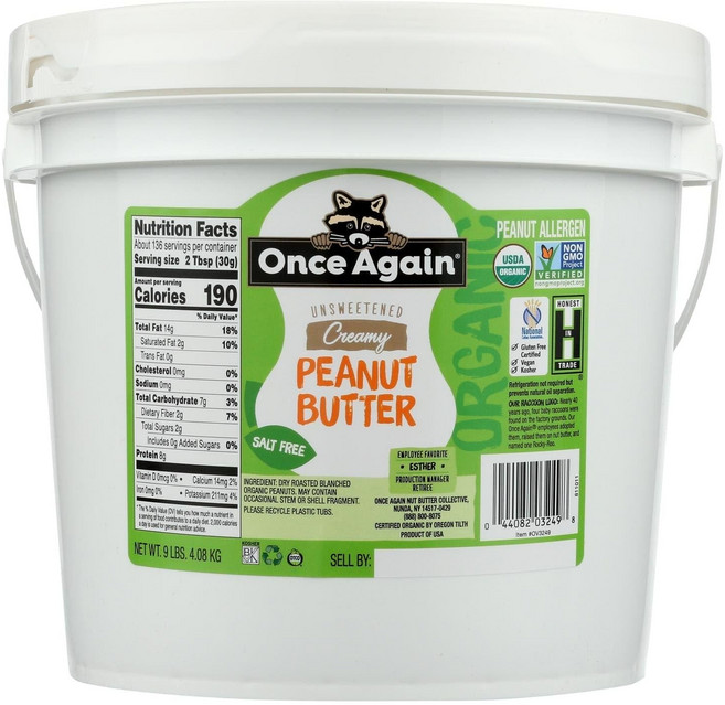 원스 어게인 유기농 무염 스무스 땅콩 버터 9파운드 - 1개. Once Again Organic No Salt Smooth Peanut Butter 9 Pound - 1 eac, 1개, 4.08kg