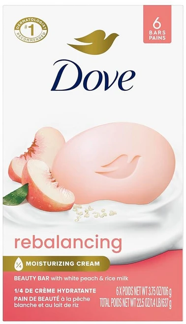 Dove Beauty Bar Soap Rebalancing 화이트 피치 & 라이스 밀크 6개 영양 공급 및 수분 공급 피부를 위한 ¼ 모이스처라이징 크림 식물 기반 포뮬라, Dove Beauty Bar Soap Rebalanci - 쿠팡