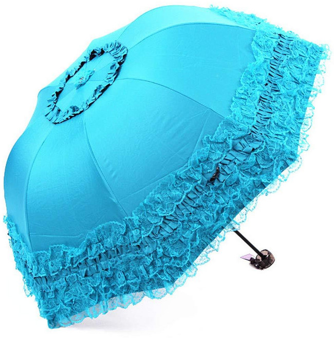 WANLIAN Princess Lace 자외선 방지 트리플 접이식 우산 돔 파라솔 블루.