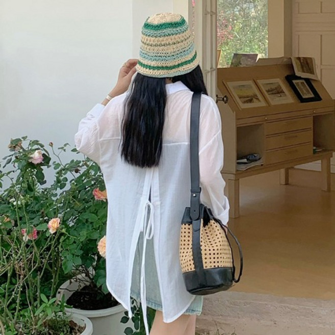 히또리 T3416 루즈핏 시스루 뒷트임 백슬릿 리본 썸머 롱셔츠