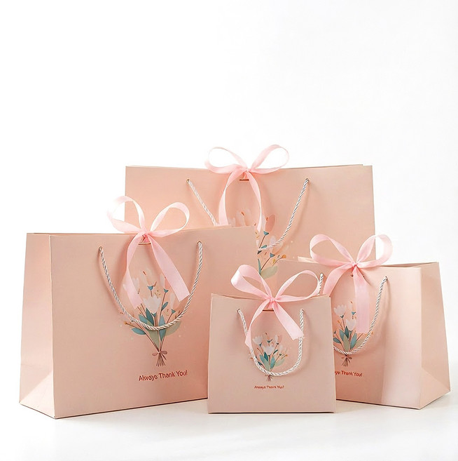 그린나무 핑크 플라워 부케 튼튼한 리본 선물 쇼핑백 세트, 5개
