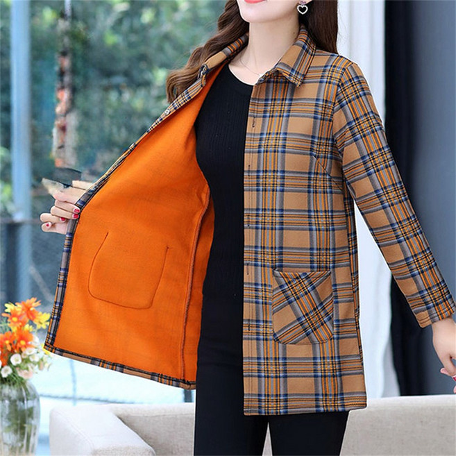 Vezri 중녕여성 겨울 체크 무늬 두꺼운 따뜻한 기모 안감 자켓