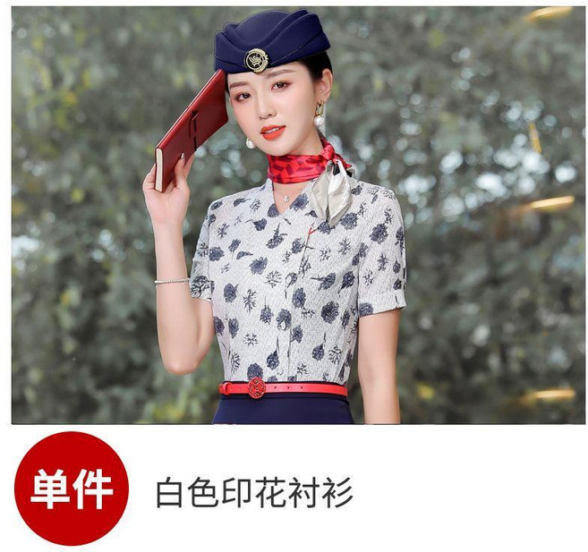 職業襯衫 短袖工作服 藍色裙套裝, 1個, 印花色襯衫  送絲巾 ,L 建議50.0-55.0公斤