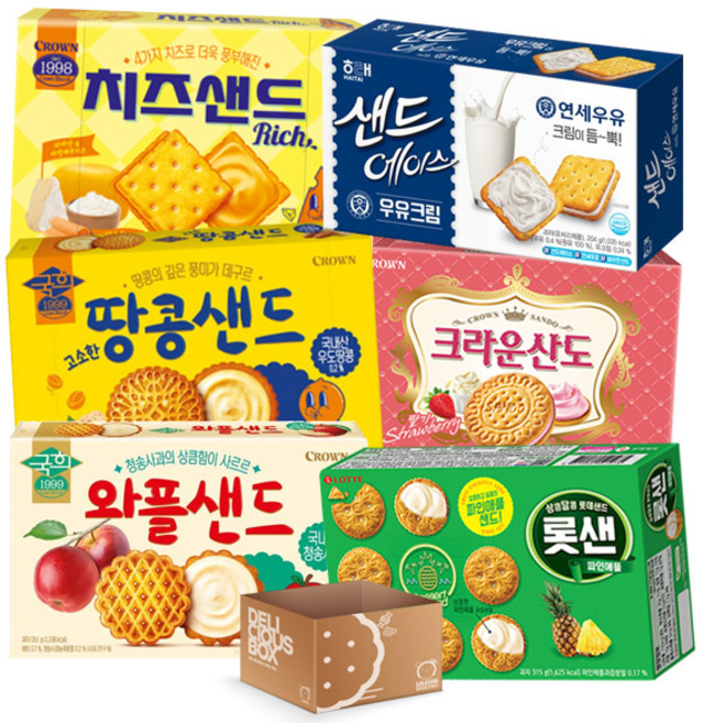[냠냠상회] 온리 샌드 비스켓 낱개포장과자 세트6종 산도 딸기323g+샌드 에이스 우유크림 204g+애플샌드 272g+롯샌 315g+치즈샌드 180g+국희 땅콩샌드 279g, 6종+냠냠상회전용선물포장박스, 1세트