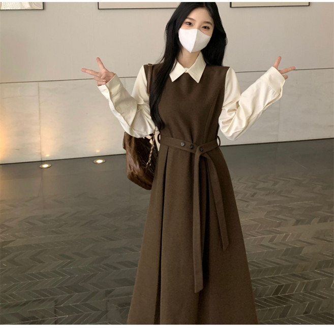 ANYOU 여성 롱 원피스 패션 카라넥 긴팔 캐주얼 원피스 빅사이즈 셔츠원피스 봄가을 데일리룩