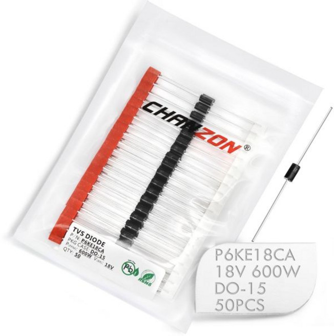 50개들이 팩 찬존 TVS 다이오드 P6KE18CA 600W 18V DO15 DO204AC 축 양방향 채널 600와트 18볼트, 50개들이 팩 찬존 TVS 다이오드 P6KE18CA 6, 1개