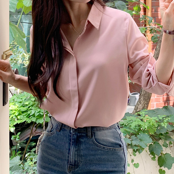 여성용 여리핏 히든 단추 긴팔 셔츠 블랑 블라우스