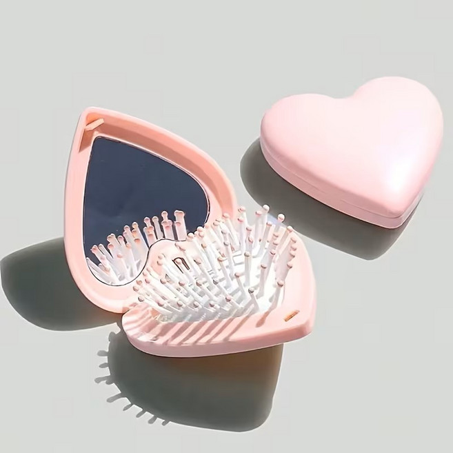 귀여운 휴대용 접이식 하트 미니 거울 브러쉬, 1개, 핑크