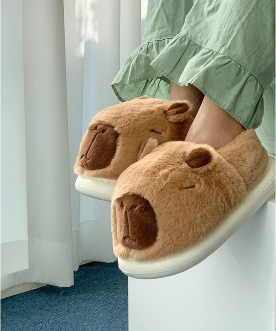 귀여운 카피바라 털 슬리퍼 실내화 포근한 겨울슬리퍼 털실내화 교실 거실화 친구 커플, 1개