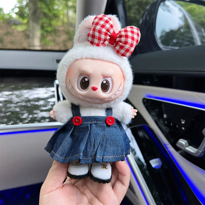 besteffie 적용모델 라부부옷 귀여운 인형 의상 플리츠 원피스 단추 장식 봄 여름 귀여운 패션 K83, 네이비 세트, 1개