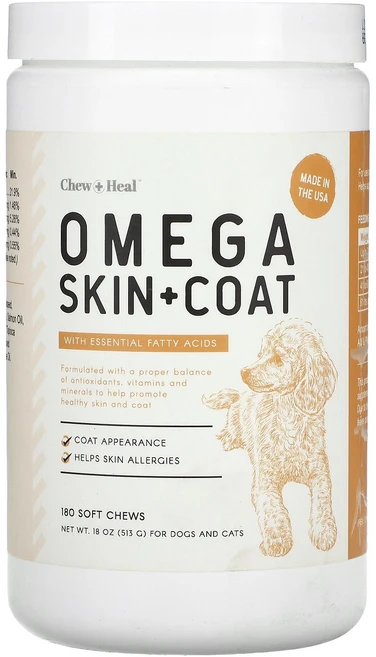 개·고양이 오메가 스킨&코트 소프트츄 180개 513g | Chew + Heal, 개·고양이 오메가 스킨&코트 소프트츄 180개 513 - 쿠팡