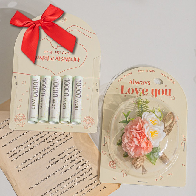 화예원 어버이날 카네이션 브로치 플라워 용돈 박스 선물 부모님 생일 스승의날 상자, 1개, 연핑크
