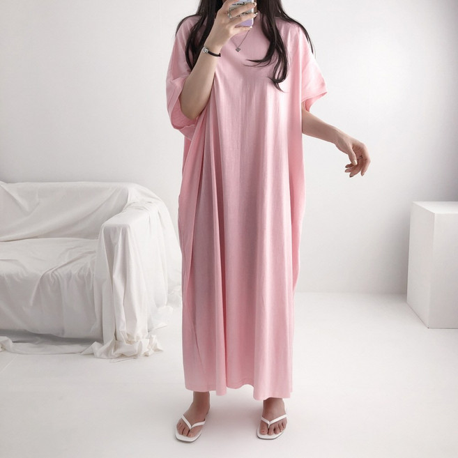 엘케이엘 왕박시 [~4XL] 국산 빅사이즈 오버핏 가오리 포켓 반팔 면 롱 원피스