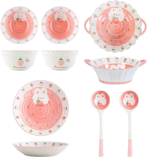 BLOWFISHFUGU 가정용 캐릭터 도자기밥그릇 접시 홈식기 세트 양손 스프볼라면그릇 6세트, 1세트, 분홍색