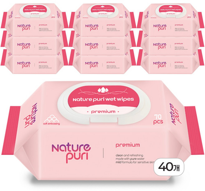 네이처퓨리 프리미엄 물티슈 도톰한 엠보싱 캡형, 40개, 70매, 70g