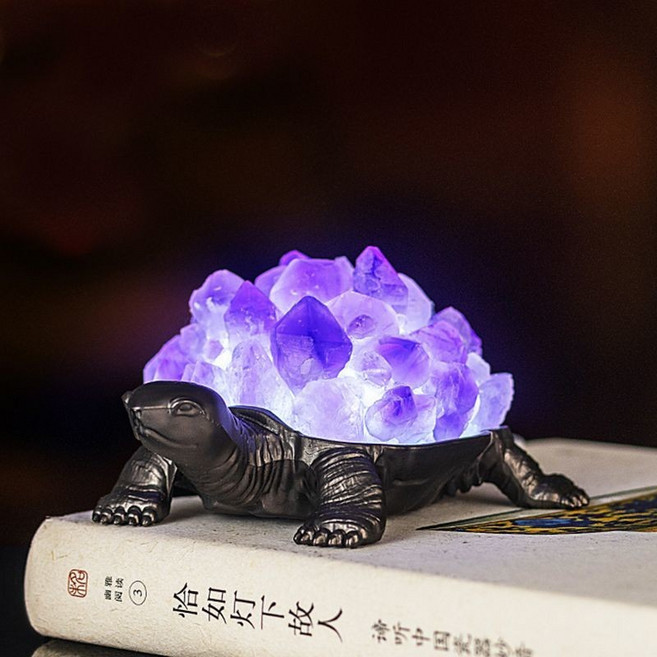 天然黃水晶 水晶龜 招財擺件, 紫水晶簇+黑色烏龜+帶燈
