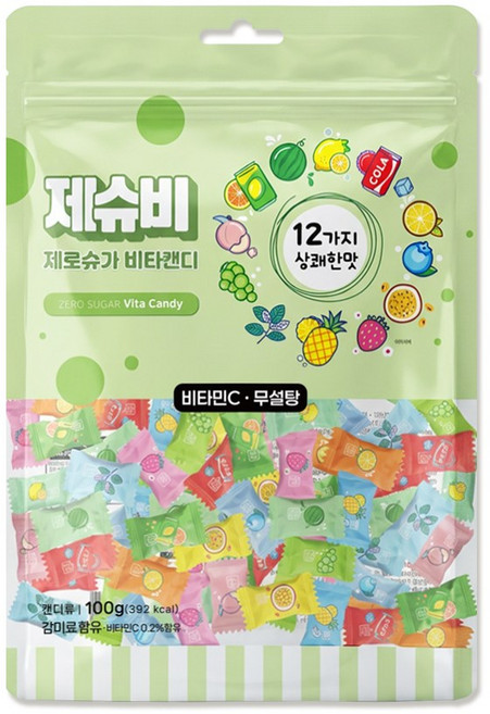 제슈비 제로슈가 비타캔디 12가지맛 무설탕 과일 사탕 지퍼백, 1개, 100g
