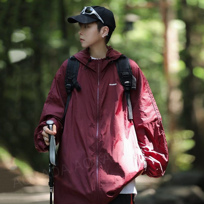 AOKADA 남녀공용 여름 자외선 차단 쿨링 후드집업 초경량 바람막이 루즈핏 아웃도어 등산 자켓, 와인