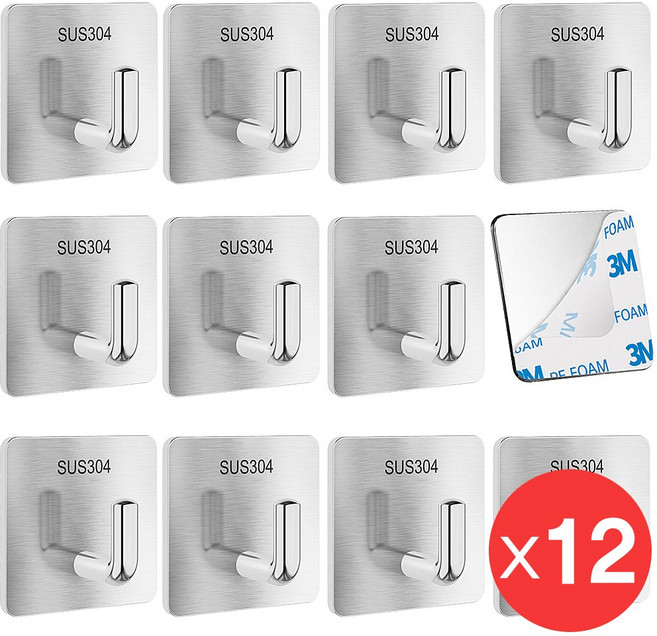 초강력 3M 접착식 스텐 무타공 고리형 매직후크, 12개, 실버