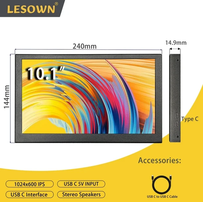 LESOWN 휴대용 터치 와이드 스크린 PC CPU RAM 온도 데이터 디스플레이용 IPS 미니 보조 모니터 7.0 10.1, 01 10.1in No Touch