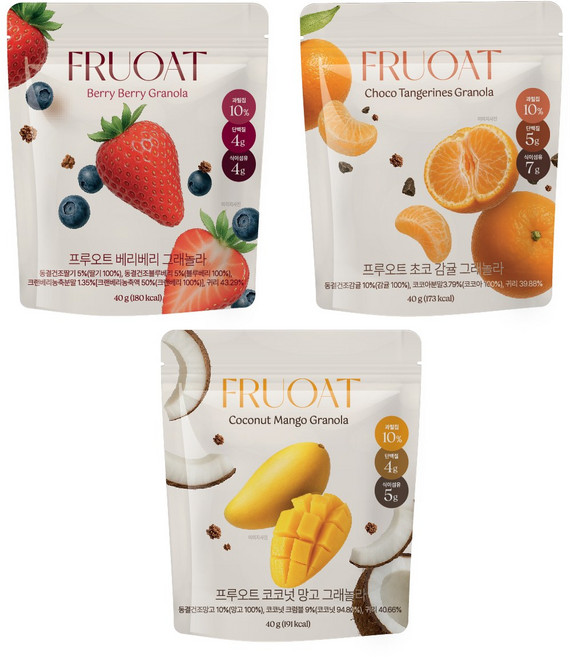 프루오트 과일 그래놀라 3종(베리베리 감귤 초코 코코넛 망고), 3개, 40g
