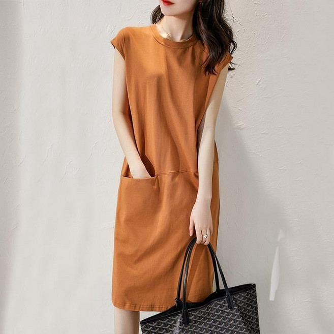 素色無袖T恤連衣裙 寬鬆顯瘦中長裙, 卡其色,3XL 建議70.0-77.5公斤